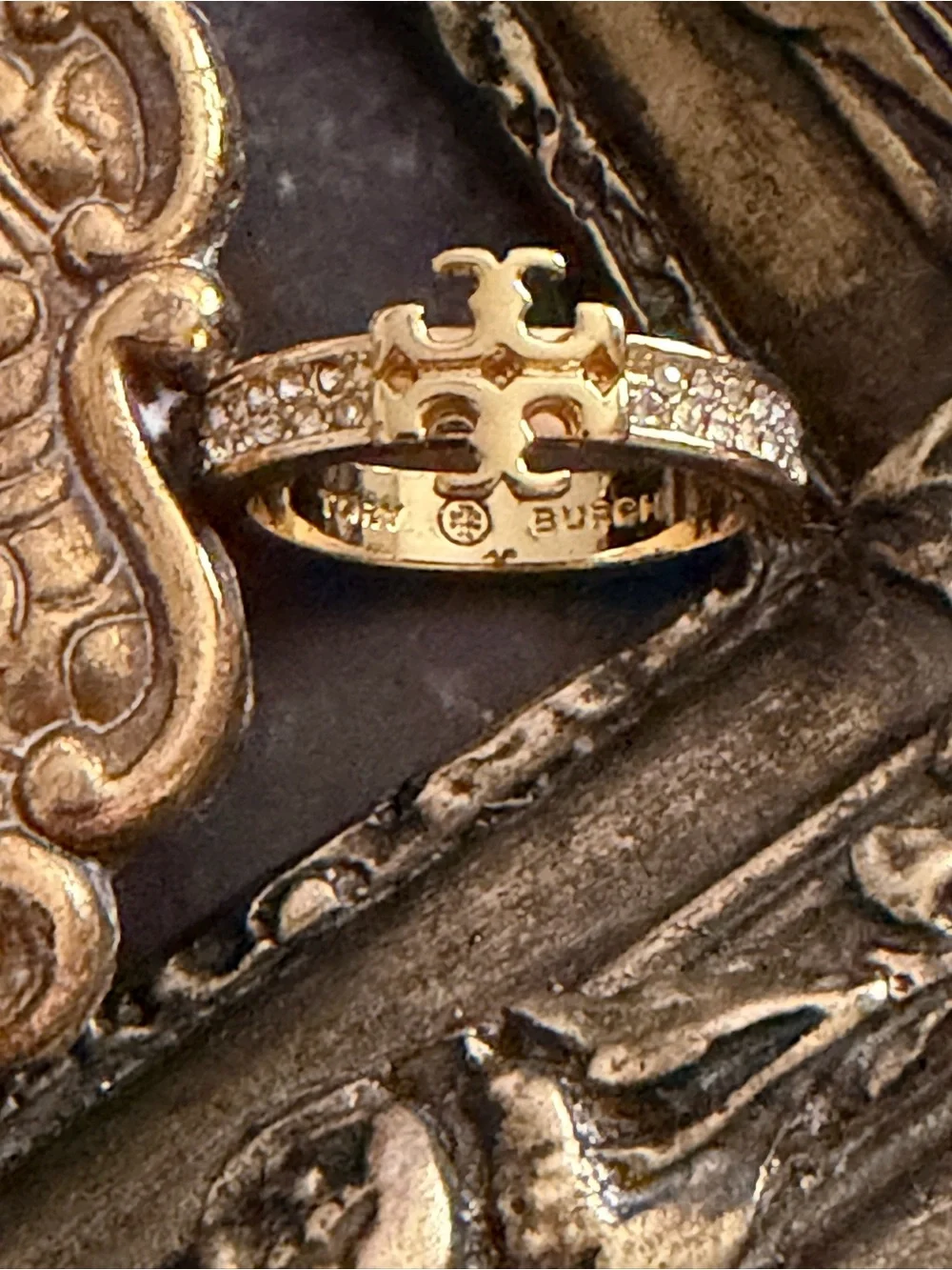TORY BURCH • Gold Double T Crystal Logo Ring Includes Tory Burch Jewelry Bag